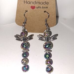 Handcrafted Silver and Rainbow Titanium Beaded Dragonfly Dangle Earrings